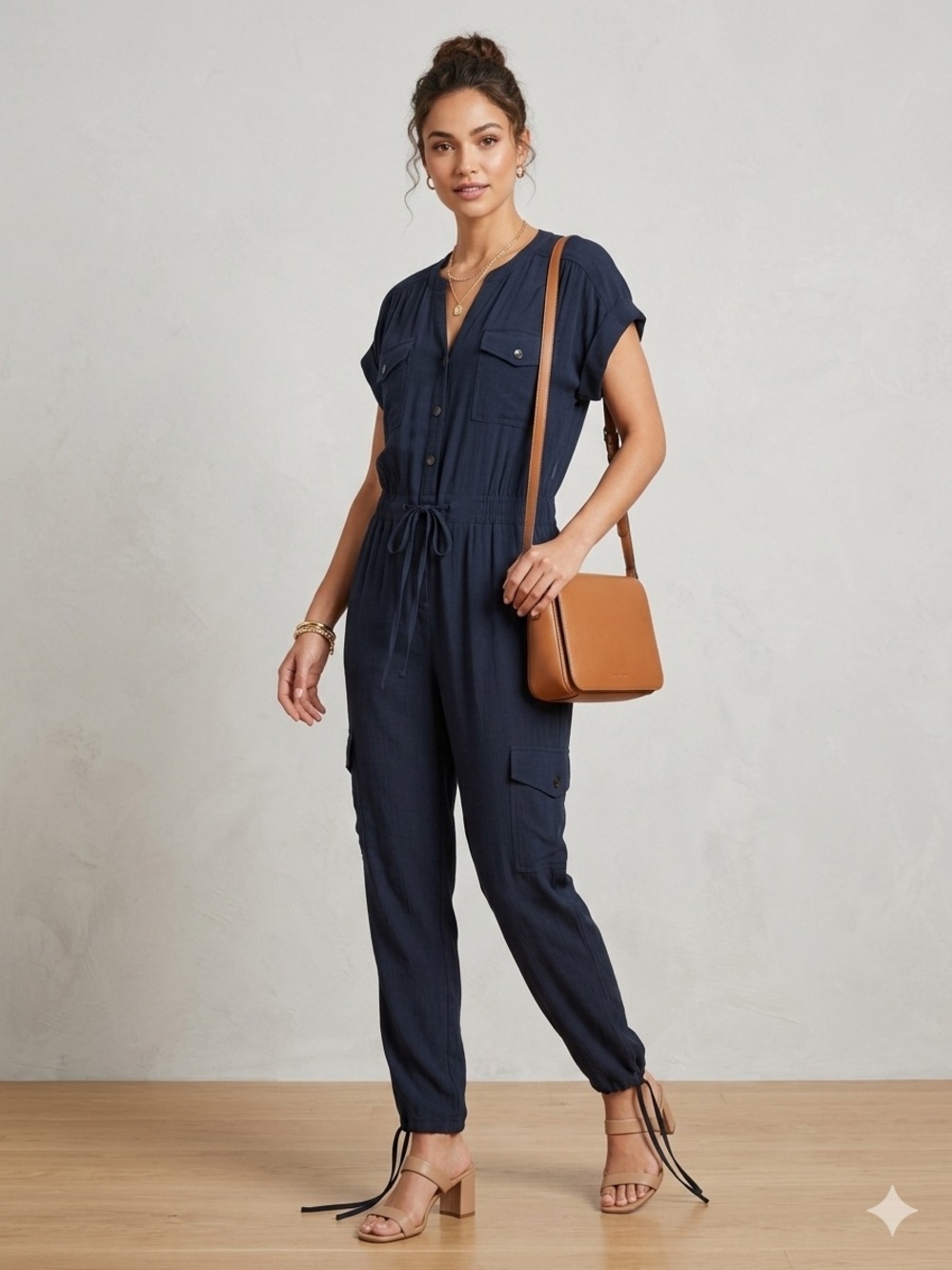 Elie Tahari Navy Blue Utility Jumpsuit Short Sleeve Drawstring Waist MEDIUM